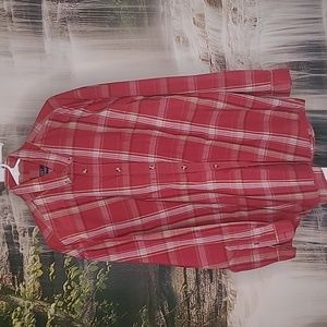SRT Mens XL long sleeve button collared casual plaid dress shirt easy care Red